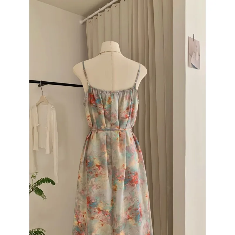 Vestido camisola Retro sin mangas con hombros descubiertos para mujer, vestidos largos holgados con estampado dulce, ropa femenina