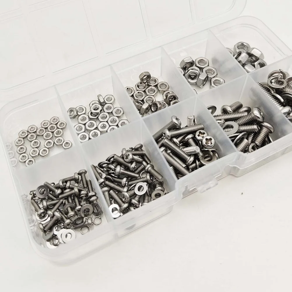 320Pcs 304 Stainless Steel Round Head For Phillips Screw Flat Spring Washer Nut Assortment Kit For Home Automotive Machinery Rep