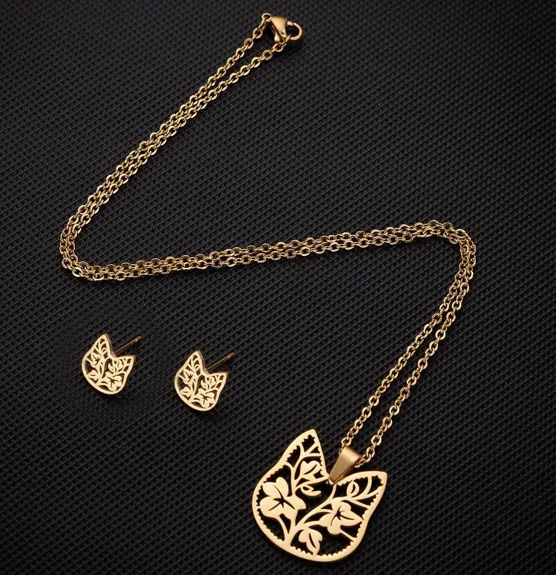 Stainless Steel Lotus Flower Cat Jewelry Set for Women Girl Skull Crane Feather Pendant Necklace Stud Earrings Gifts Wholesale