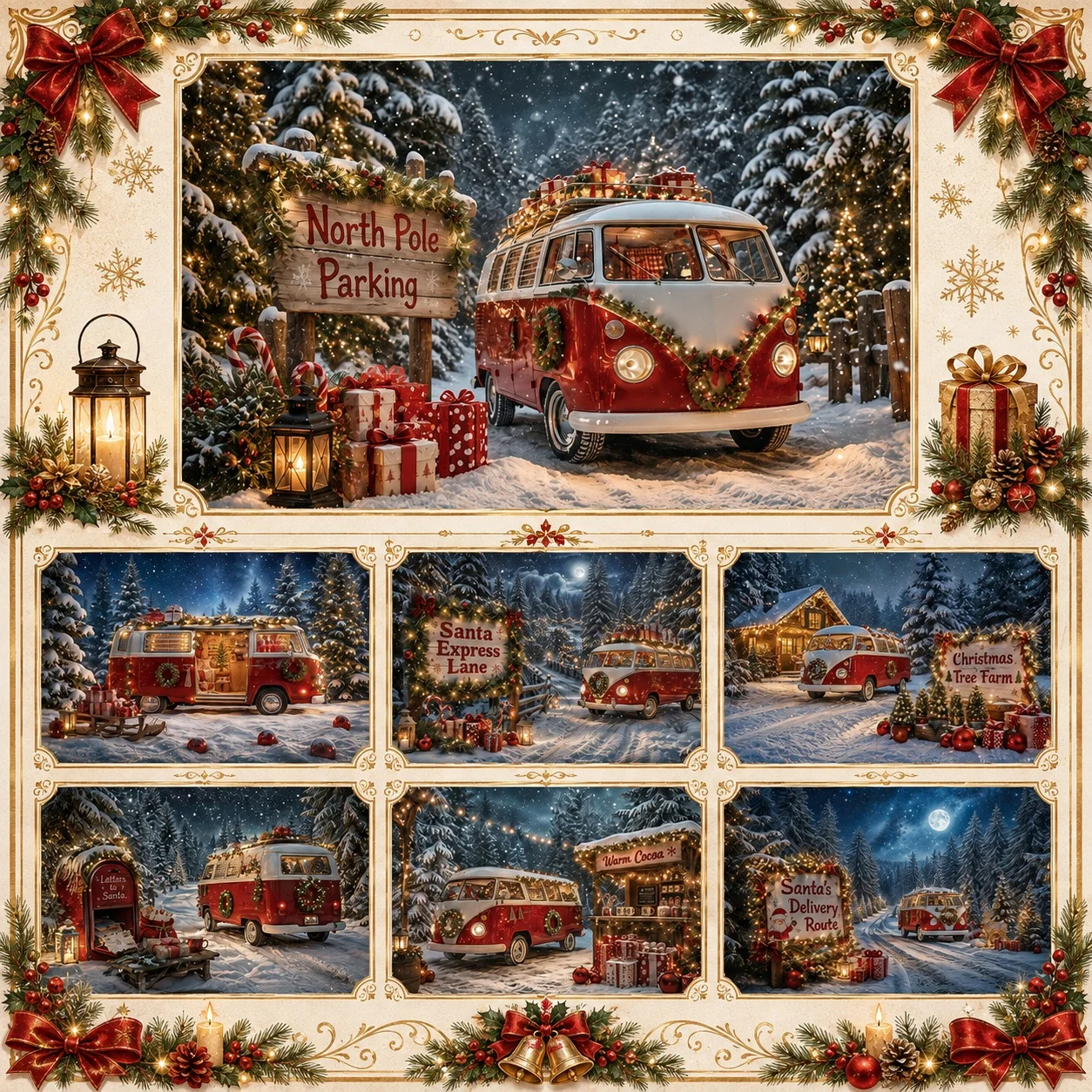 Christmas Van Backdrop North Pole Snowy Forest Gift Box Holiday Photography Background Winter Party Photo Booth Decorations