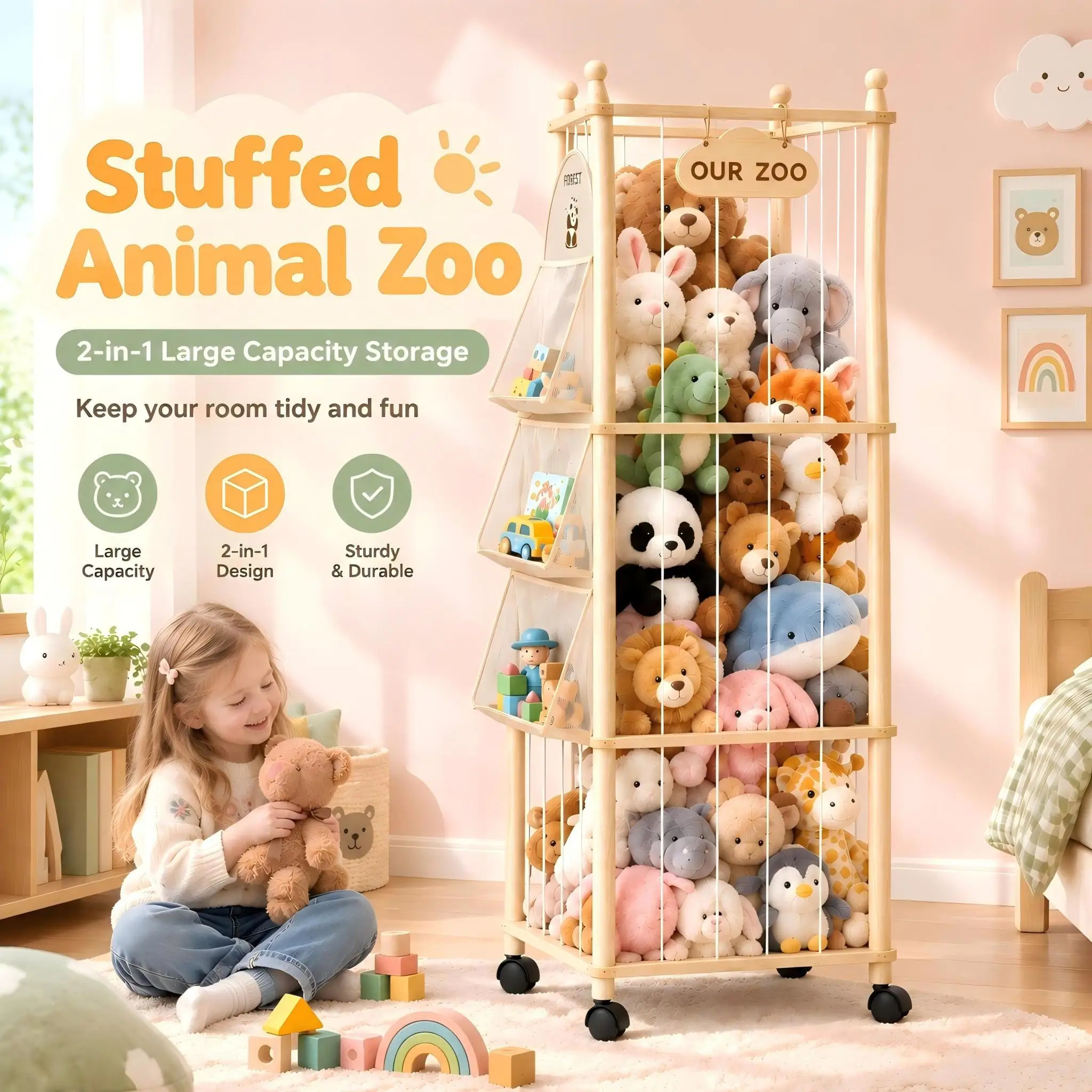 Organizador de peluches con forma de zoológico, soporte de madera para peluches con ruedas giratorias y sistema de cierre, organizador de juguetes 2 en 1 de gran capacidad con bolsillo de malla de 3 niveles en el lateral, placa identificativa personalizable, solución para ahorrar espacio y guardar peluches en la habitación de los niños.