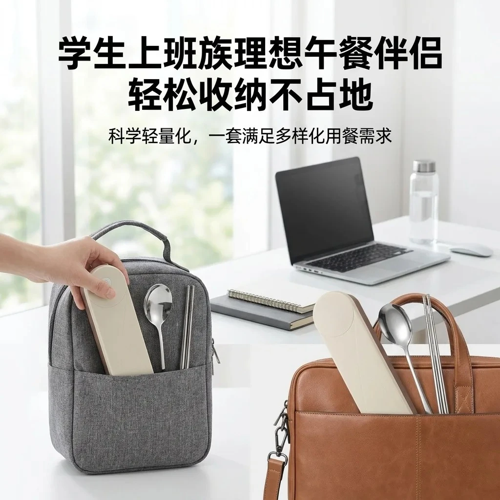 Student Office Worker Tableware Set Stainless Steel Spoon and Chopsticks Silent Portable Tableware with Storage Box