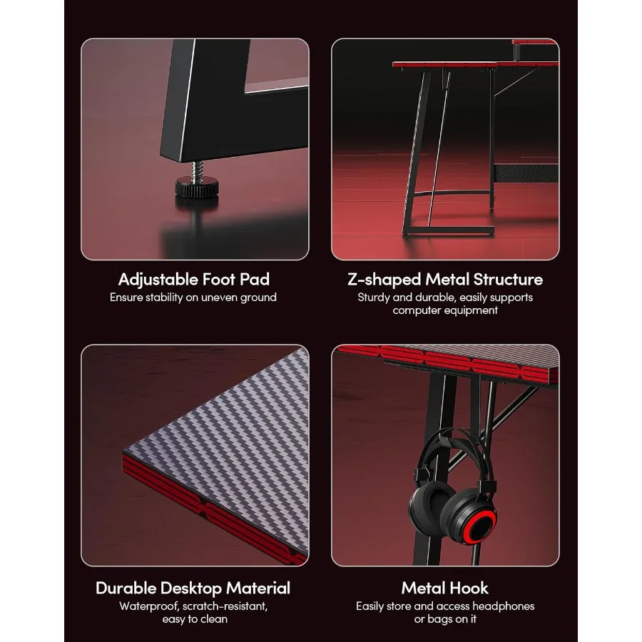 โต๊ะทำงานเล่นเกมรูปตัว L โต๊ะคอมพิวเตอร์สำนักงานพร้อมพื้นผิวคาร์บอนไฟเบอร์ โต๊ะเข้ามุมขนาด 47 นิ้วพร้อมขาตั้งจอขนาดใหญ่สำหรับโฮมออฟฟิศ