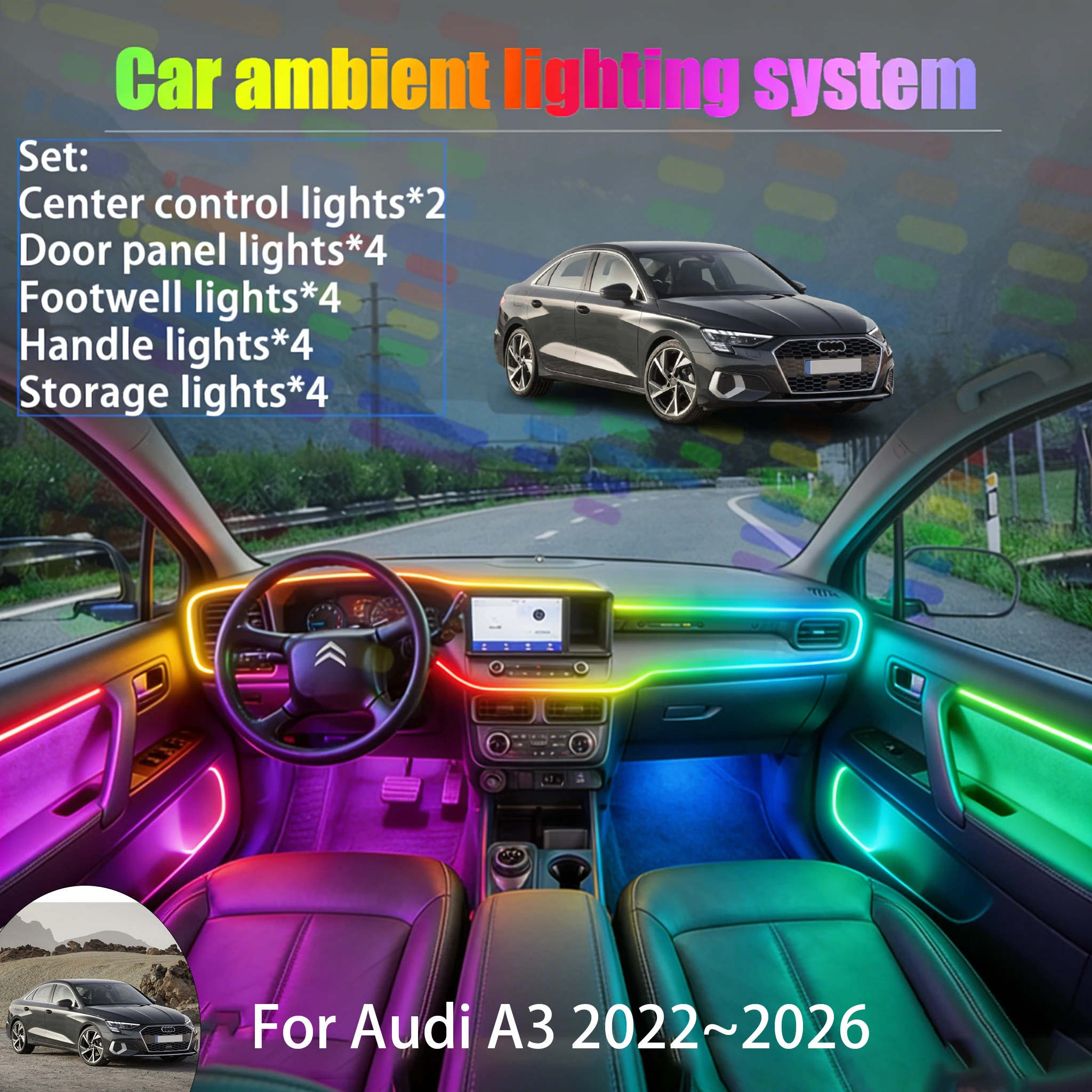 

For Audi A3 2022~2026 B8 MK4 2/18 in 1 Car ambient lighting Led trunk interior led lights USB RGB Ensemble Streamer Auto Parts