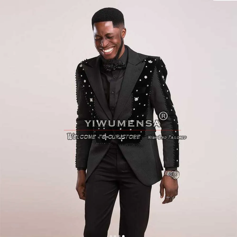 Elegant Groom Wedding Suits Slim Fit Sliver Crystals Beaded Floral Pattern Prom Blazers Customized Formal Party Men's Tuxedos