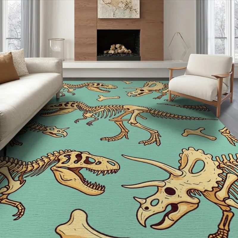 Dinosaur Skeleton Print Area Rug Cartoon T-Rex Fossil Kids Play Mat Soft Non-Slip Dino Theme Carpet for Living Room Bedroom