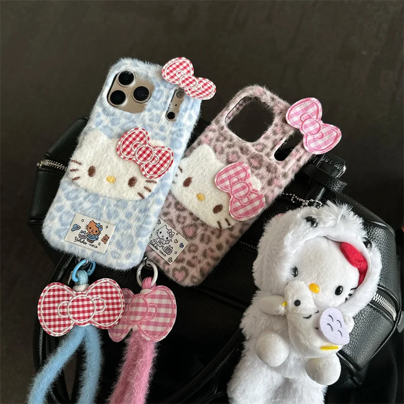 

Fashion leopard print Hellokitty warm fluffy plush phone case for iPhone 15 16 17 Pro Max 13 14 Funda Lovely Cute Protective Cov