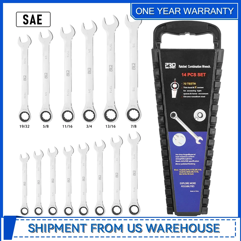 14-Piece Ratcheting Wrench Set SAE 1/4”-7/8” Chrome Vanadium Steel Combination Wrench set with Wrench Rack By Prostormer