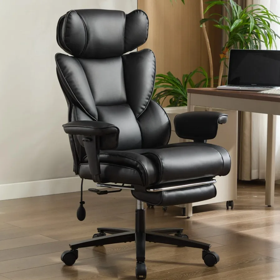 Office Chair with Foot Rest and Waist Lumber Support, Ergonomic Gaming Chair with Adjustable Height Headrest, High-Back Leather