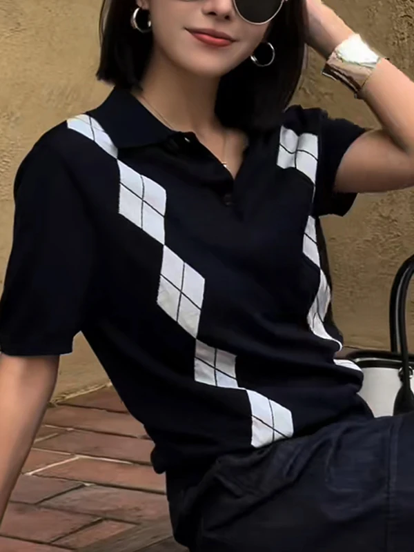 

Comfortable Slim Fit ort Sve T-irt Diamond Pattern Korean Sle Commute Faion plus Size Women's Top Summer 2025
