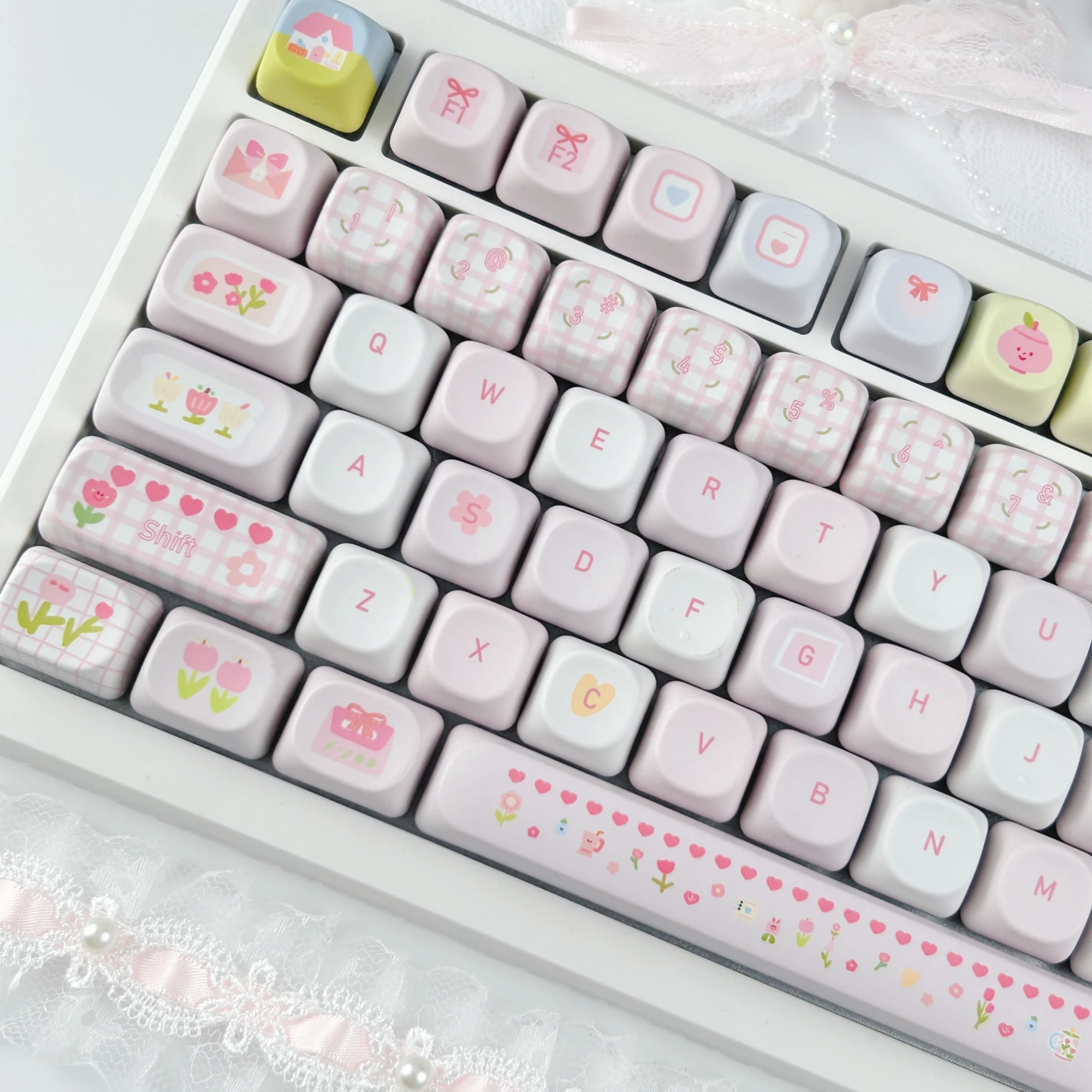 MAIMOOO Pink Cute Floral Keycap MOA Cherry Profile PBT Custom Spring Flower Russian/Korean/Thai Keycaps for Mechanical Keyboard