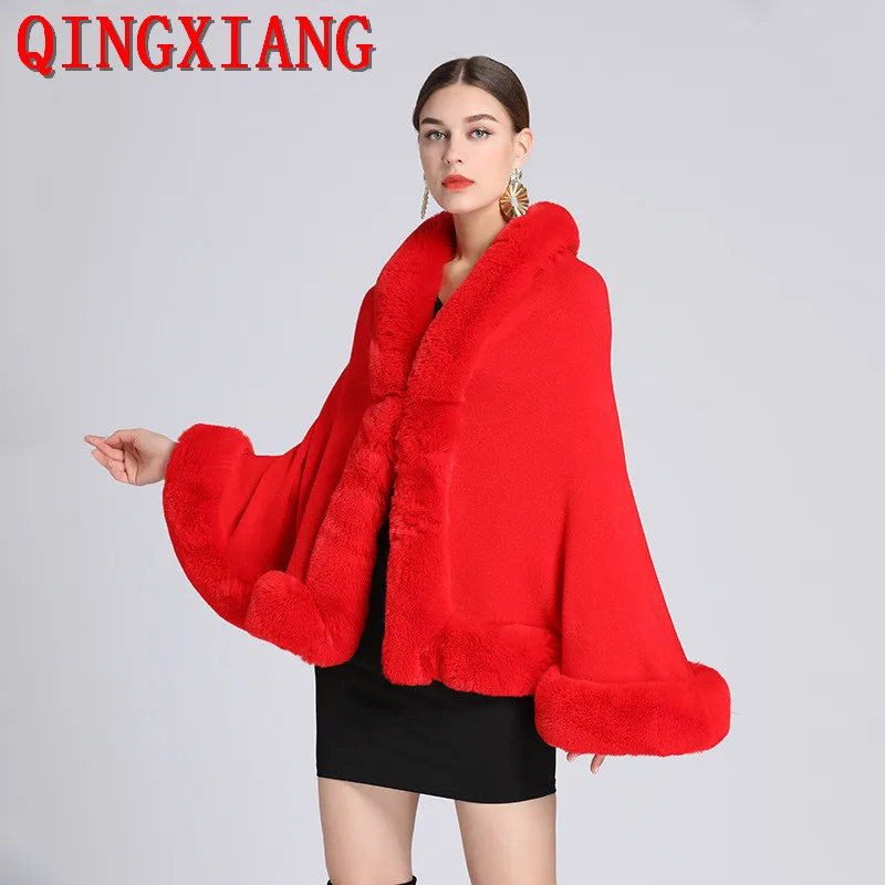 

10 Colors Autumn Winter Women Faux Fox Fur Knitted Poncho Wraps Batwing Sleeves Big Collar Outstreet Loose Cloak Shawl