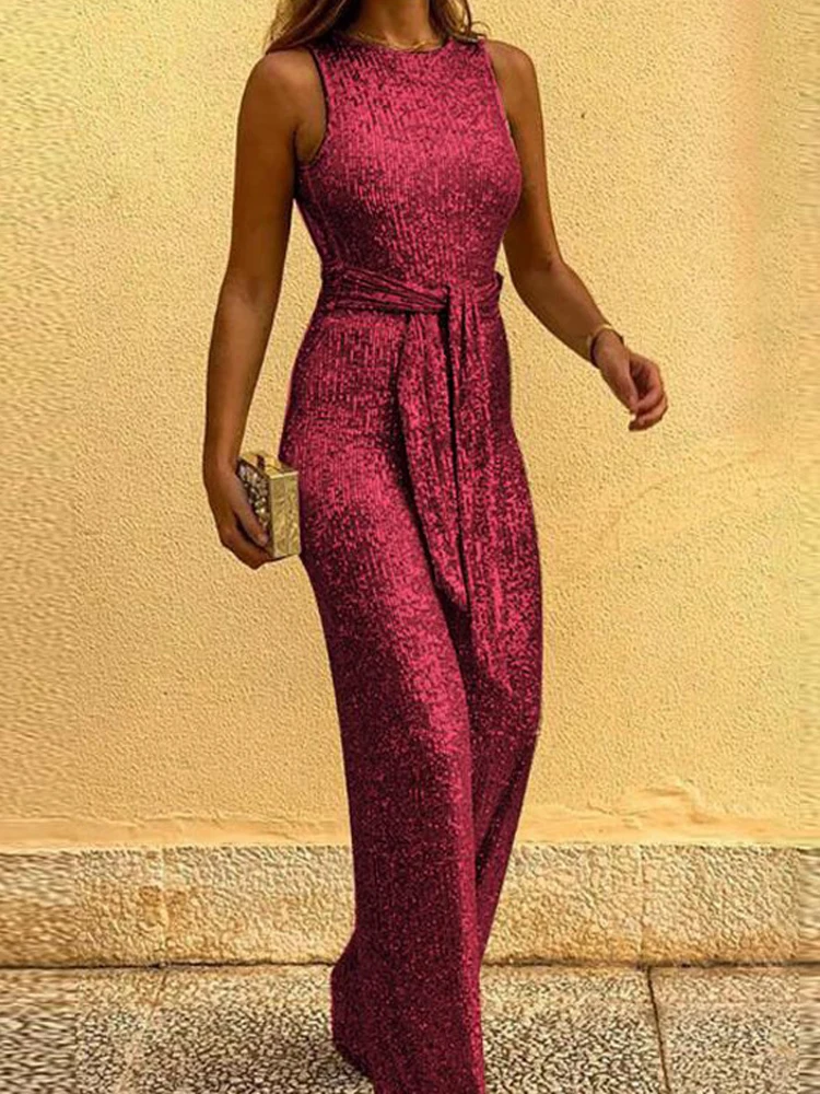 Summer New Solid Round Neck Sleeveless Top Personalize Sequin SilverDot Backless Jumpsuit Women Elegant Evening Costumes