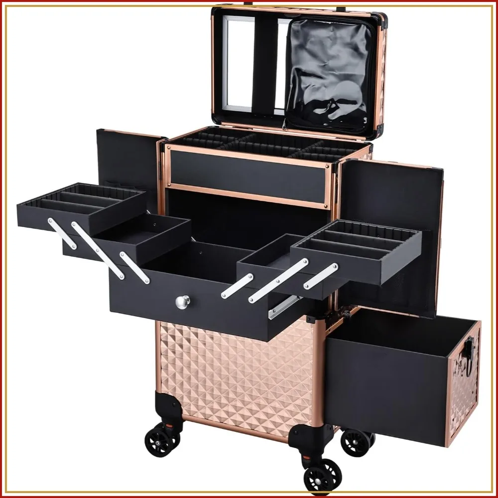 

Professional Makeup Artist Rolling Train Case, Multi-functional Cosmetic Storage Trolley for Nail Technicians & Hairstylist, Large Capacity Rose Gold
