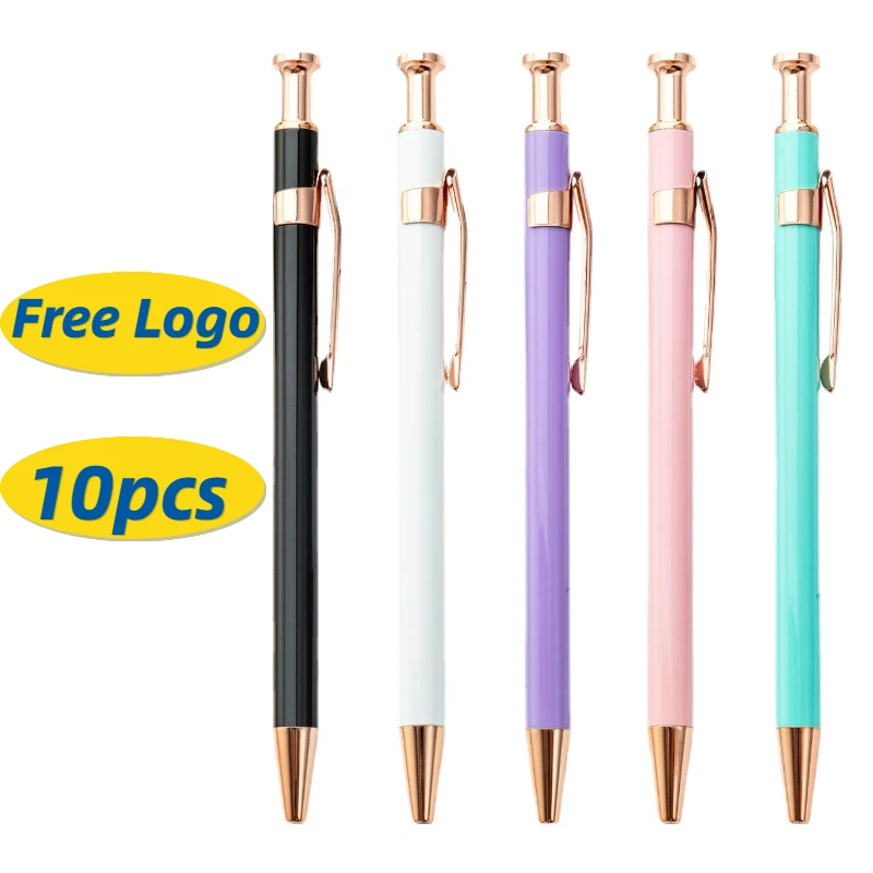 10pcs Metal Pen Print Logo Office Stationery Multicolor Metal Ballpoint Pen Wholesale Freebies Pen Set Office Supplies Luxury