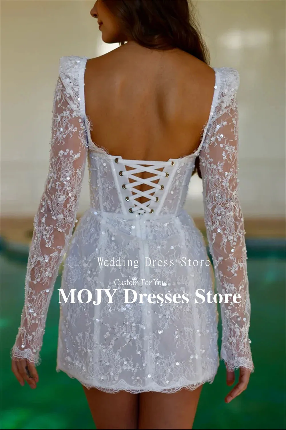Mojy современное блестящее свадебное платье с блестками и длинными рукавами, сексуальное короткое платье Vestidos De Novia Boda Robe De Mariée 2025 по индивидуальному заказу