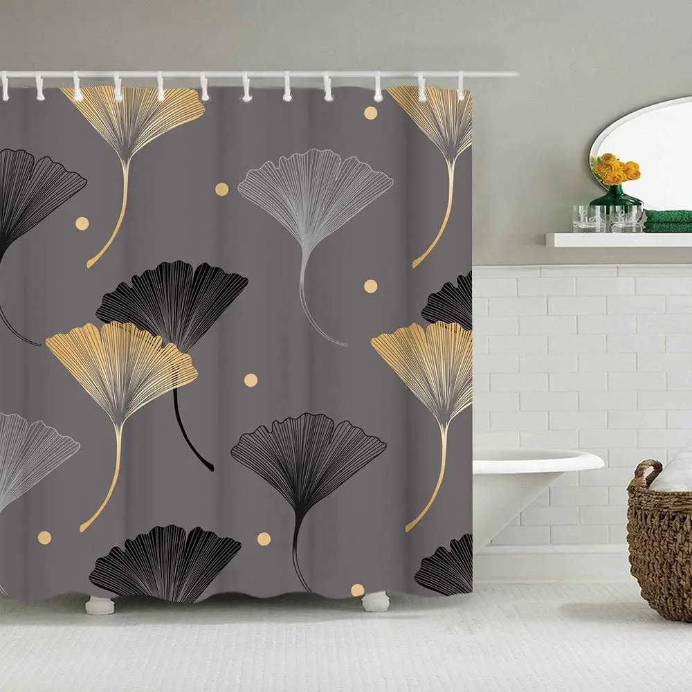 

Plant Shower Curtain Black Gold Ginkgo Leaves Abstract Botanical Leaf Grey Design Waterproof Polyester with Hooks Bath Curtains