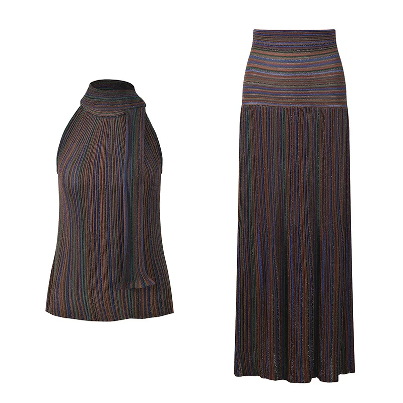 2026 Lady Fashion Summer Knits Stripes Suit Halter Sleeveless Tops With Scarf Elastic Waist Long Mermaid Skirt Women 2Pcs view 2
