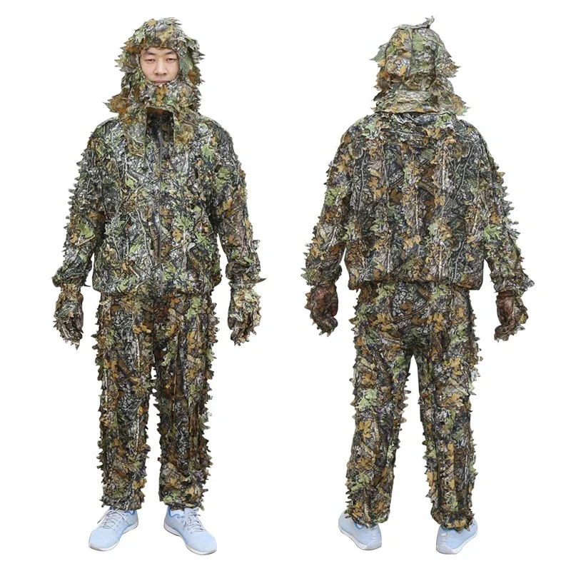 Camouflage Suit Outdoor Ghillie Suit Hunting Clothes Hooded Jacket Long Pants Headgear Gloves Outdoors Sports CS Training