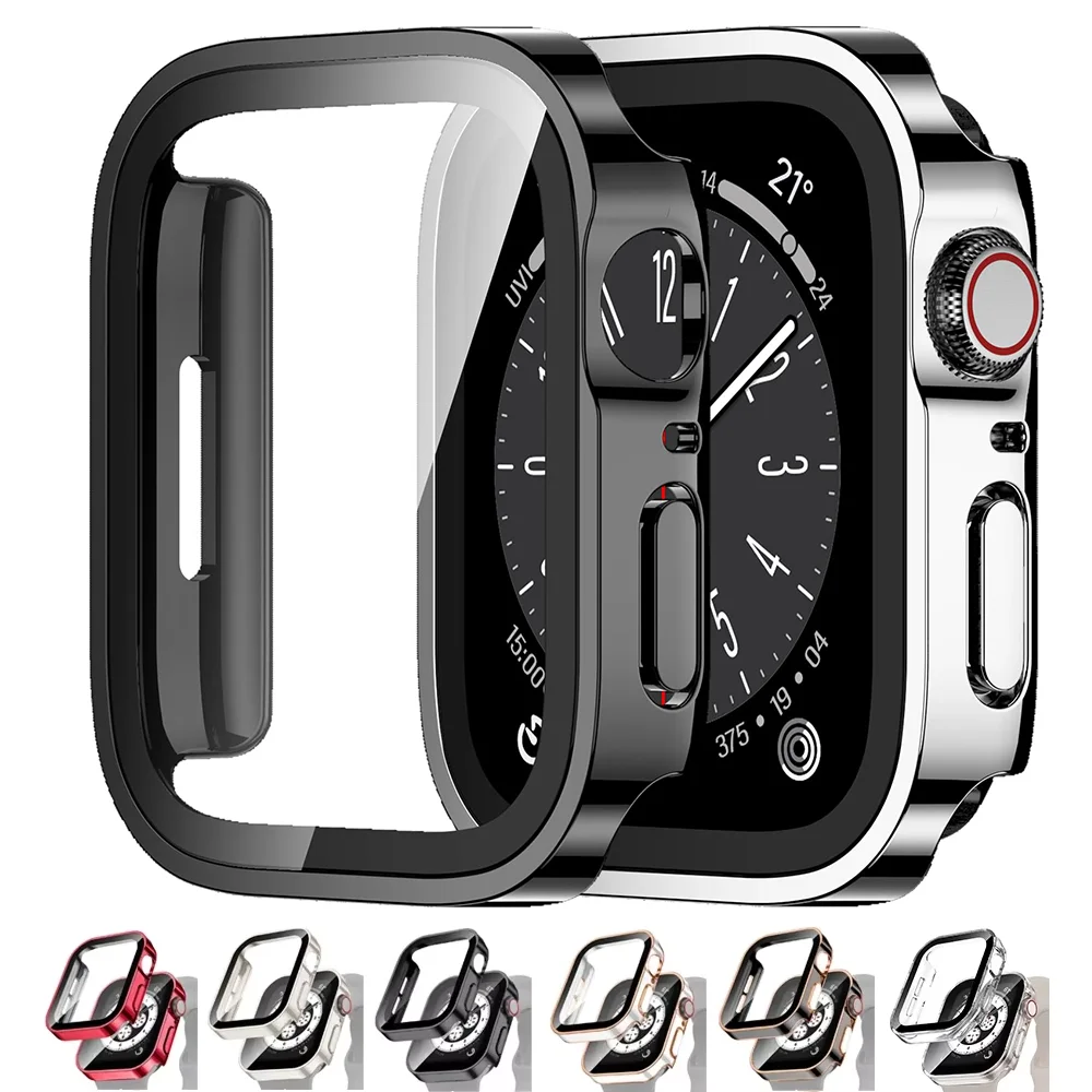 Vidrio templado + funda para Apple Watch band 44mm 40mm PC Edge Protector de pantalla para iWatch series 10 9 8 7 6 5 4 se 41mm 45mm