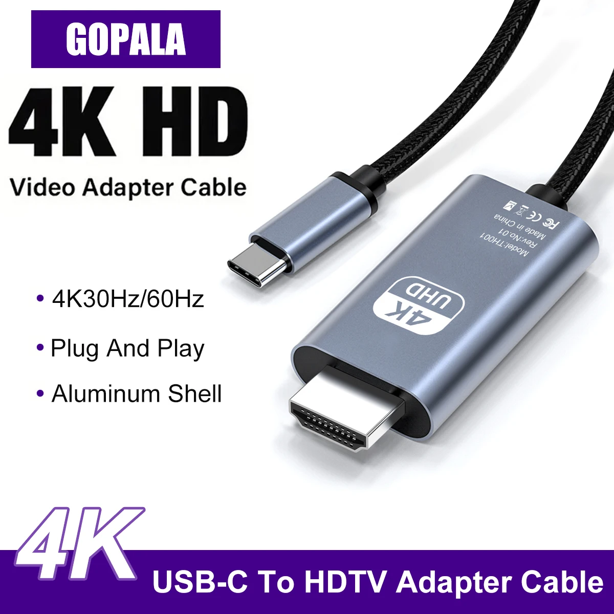 4K30Hz/60Hz USB C To HDMI Cable, 2M/6.56Ft Plug & Play High-Resolution Type-C To HDTV Adapter For MacBook ,IPhone,IPad,Laptop