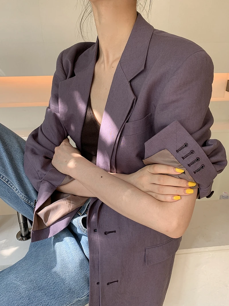 A-Bow Studios レディース ダブルブレスト 6ポケット 二重構造 リネンウォッシュ加工 スーツ 2色展開 秋コレクション