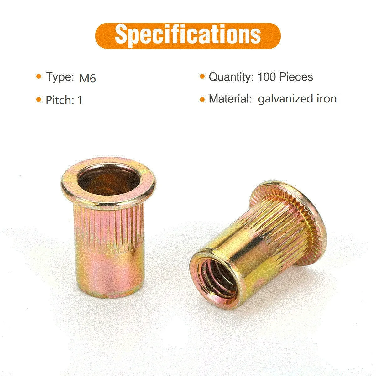 100 Pcs for m6 Galvanized Iron Rivet Nuts Flat Head Threaded Inserts for Steel Plastic Fiberglass Fastening Fixing Hardware