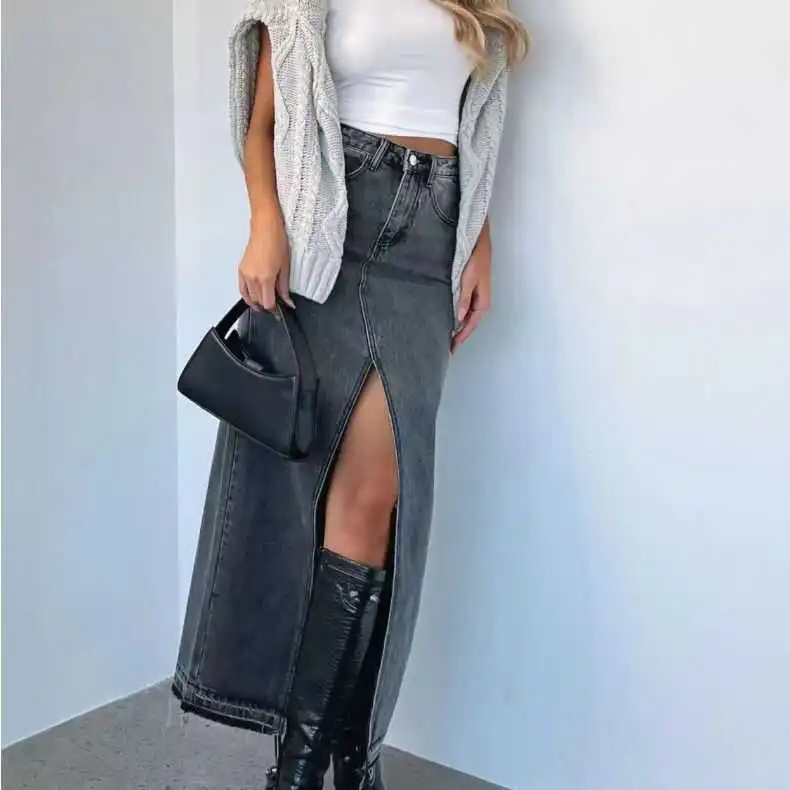 

Faionable High Waist Slit Denim Skirt Long Midi Skirt Women's Premium Street Sle mid Length Other Material Skirt