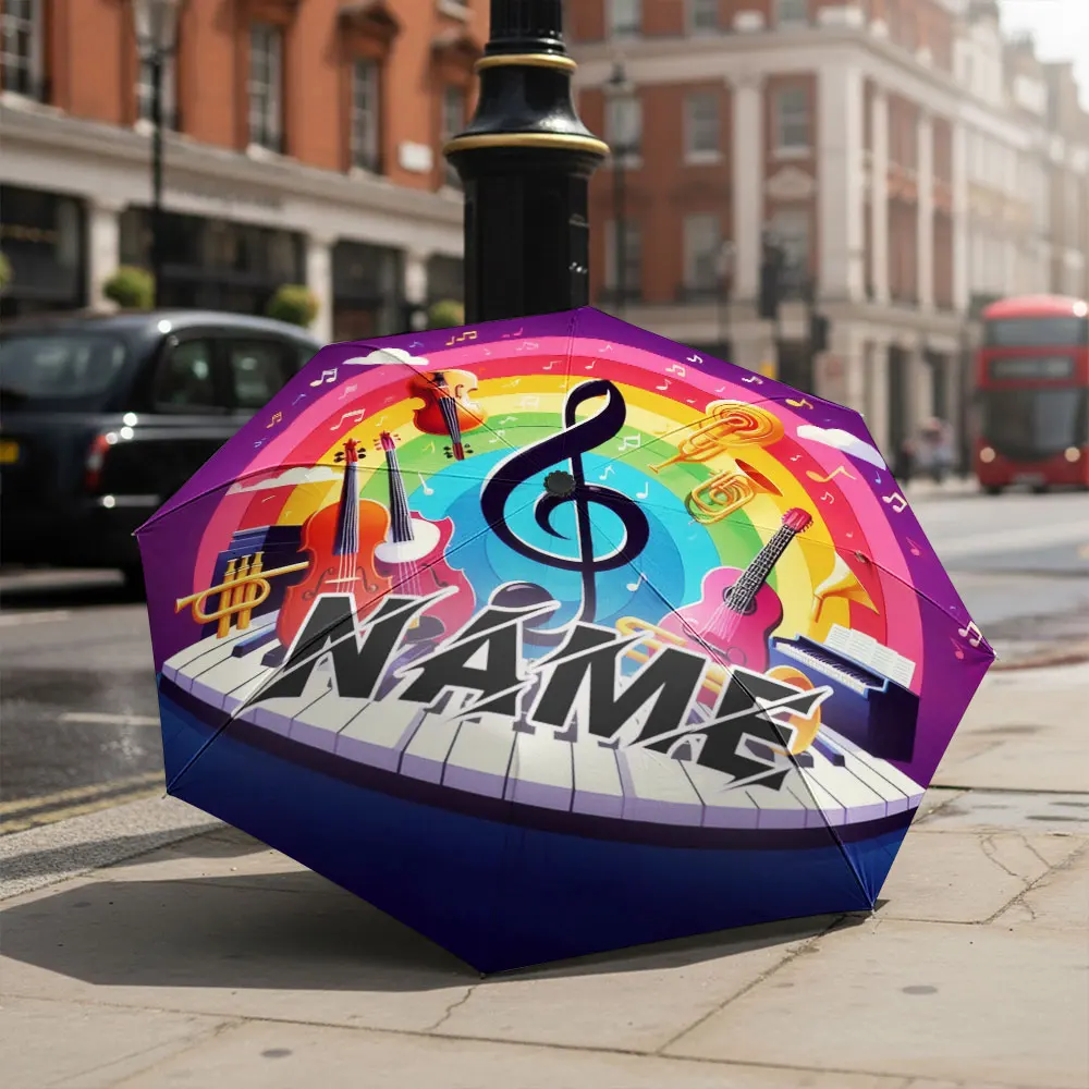 Custom Name umbrella, Music Theme Umbrella with Colorful Instruments Design Fashion Folding Umbrella for Daily Use, Gift