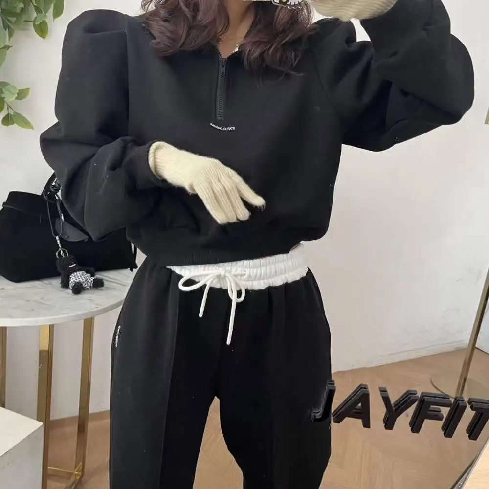 

Повседневный персонализированный комплект с капюшоном на подкладке Fce, женский комплект с воротником-стойкой на молнии, цветной топ, спортивные штаны с высокой талией, два...