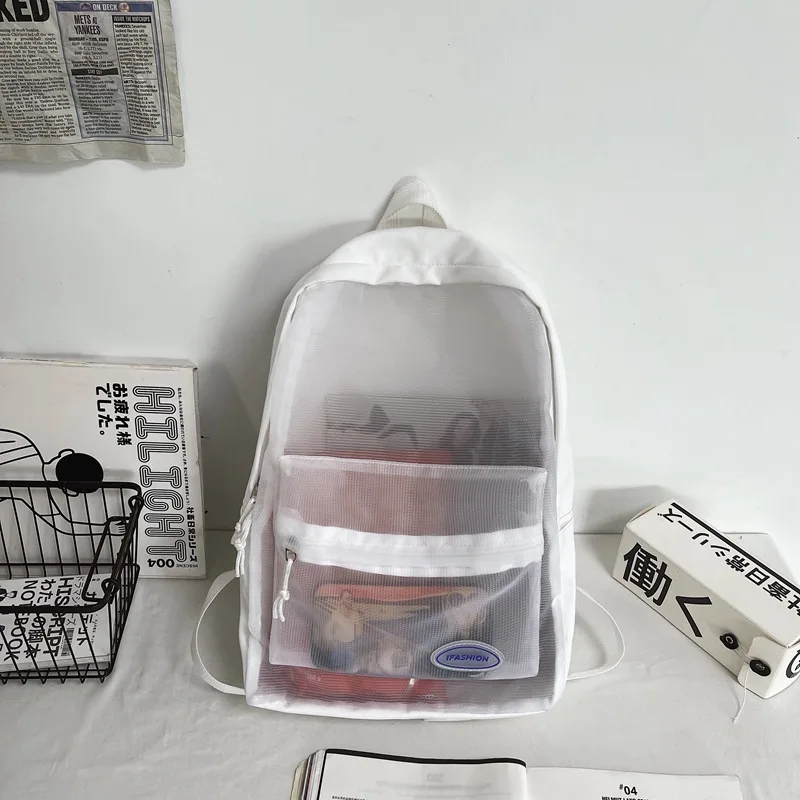 

Korean Version Summer Transparent Hollow Backpack Net Letter Bag Trendy Ins Men's and Women's Casual Backpack Student Backpack