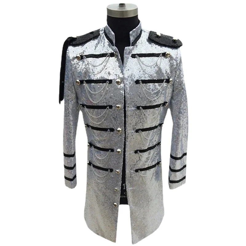 

Mens Shiny Silver Sequin Steampunk Extra Long Blazer Jacket Fashion Chain Decoration Blazers Nightclub Party Stage Costume