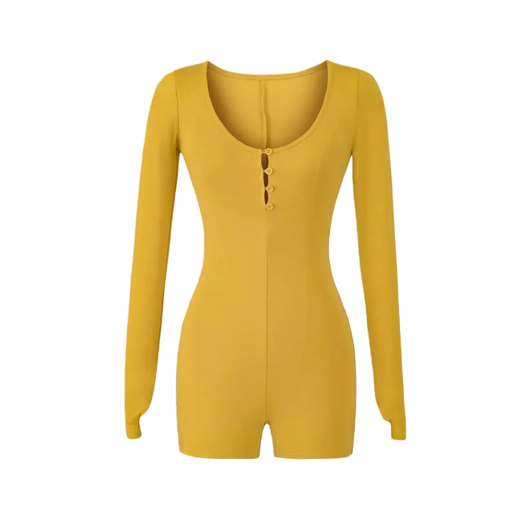 

Винтажное боди из мягкого хлопка с круглым вырезом и пуговицами, облегающее боди с длинными рукавами, тонкое эластичное боди, сексуальный цельный комбинезон для женщин