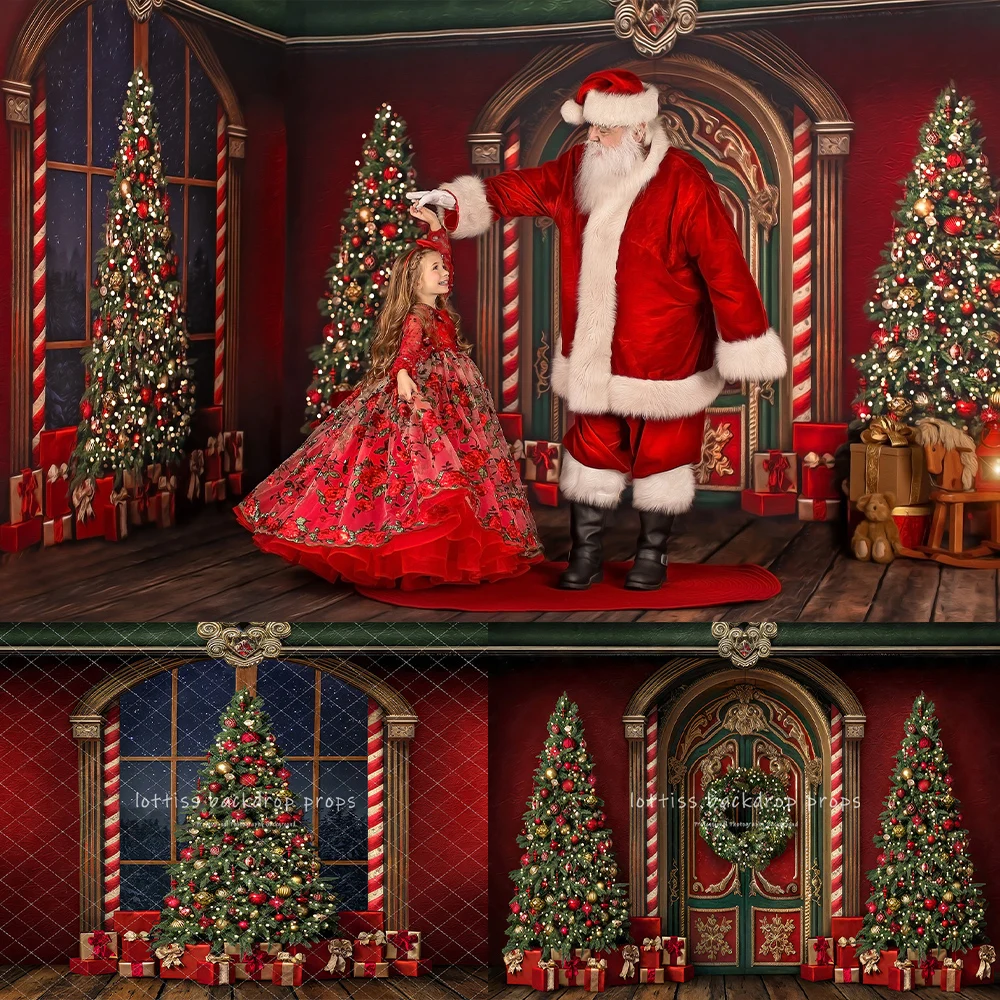 Santas Regal Workshop Backdrops Xmas Photography Props Child Kids Photocall Wooden Cottage Christmas Trees Arch Backgrounds