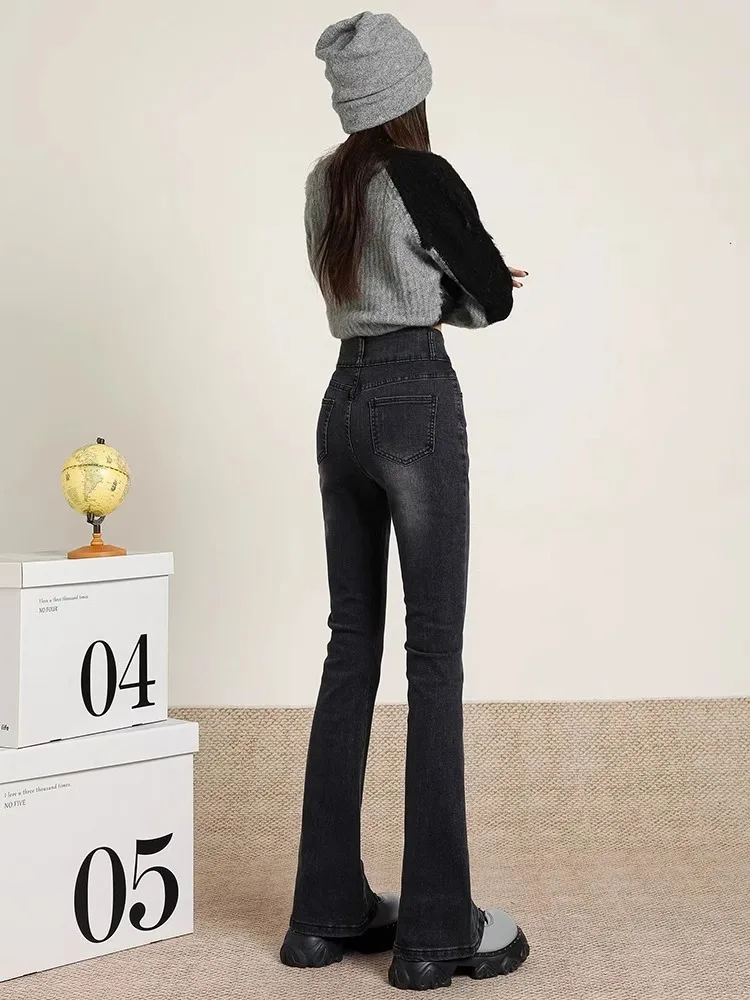 High Waist Fleece Lined Micro Flared Jeans Women's Autumn Winter New Style Retro Slimming Long Pants Cotton Polyester Blend