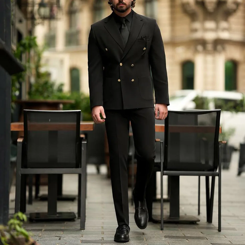 

Classic Men Suits Black Chic Notch Lapel Double Breasted Male Blazer with Pants Sets Casual Daily Wedding Guest 2 Pieces Set