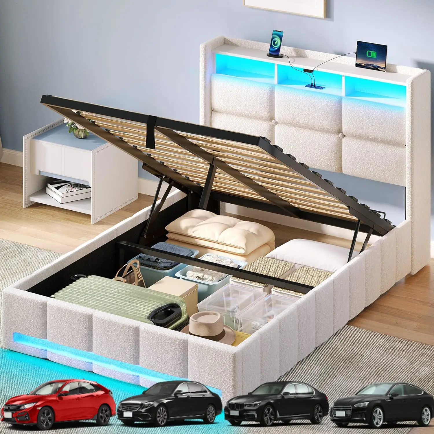 

Каркас кровати Rolanstar Twin Size с подъемным хранилищем, зарядной станцией и светодиодной подсветкой, мягким изголовьем для хранения вещей, сверхмощным Woo