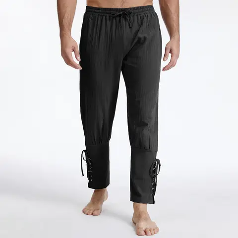 Men's Vintage Cotton Linen Solid Color Breathable Cozy Pants Pirate Viking Costume Gothic Style Medieval Drawstring Trousers