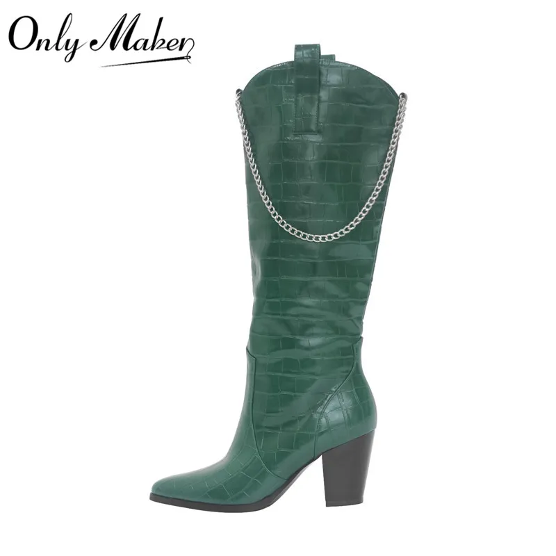 Onlymaker Women Pointed Toe Green Knee High Boots Western Cowboy Boots Wide Calf Block Heel Pull-On Cowgirl Booties