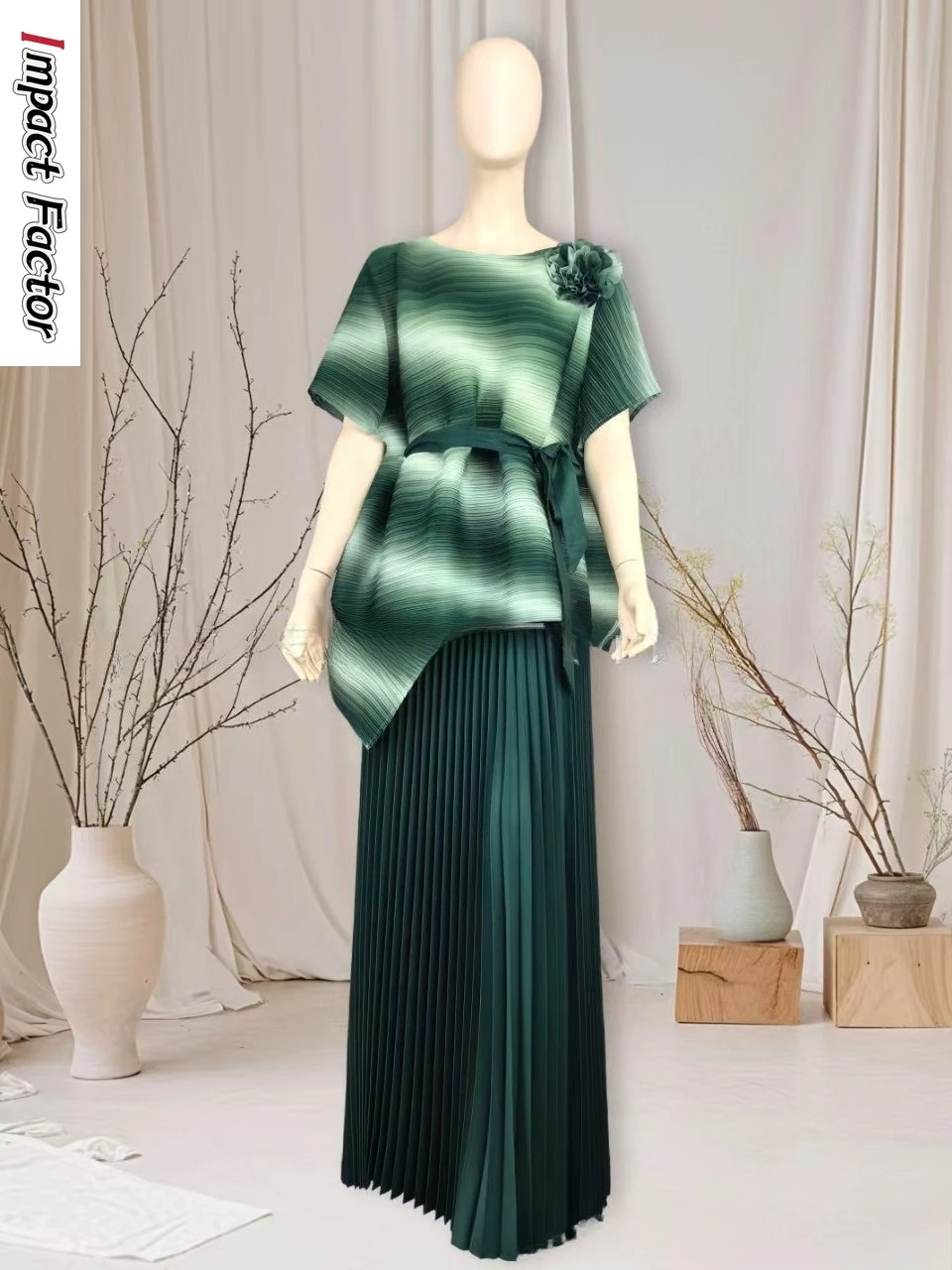 

Miyake Wind 2025 Spring and Summer Gradual Change Printing Loose Top Pleated Skirt Fashion Casual Loose Suit Women
