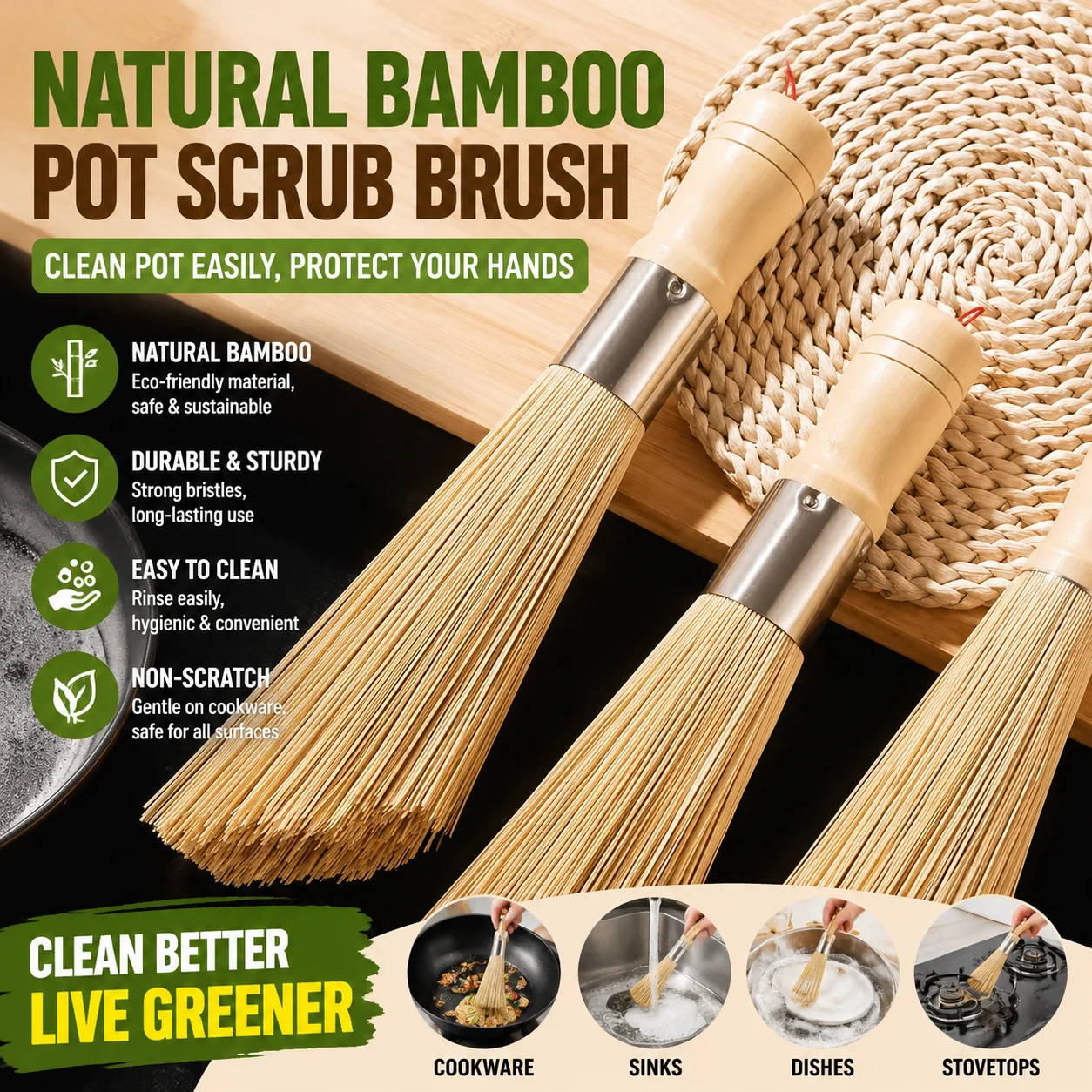 Old style bamboo pot brush solid wood handle kitchen household brush bowl and utensil, washing pot, bamboo brush, cleaning brush