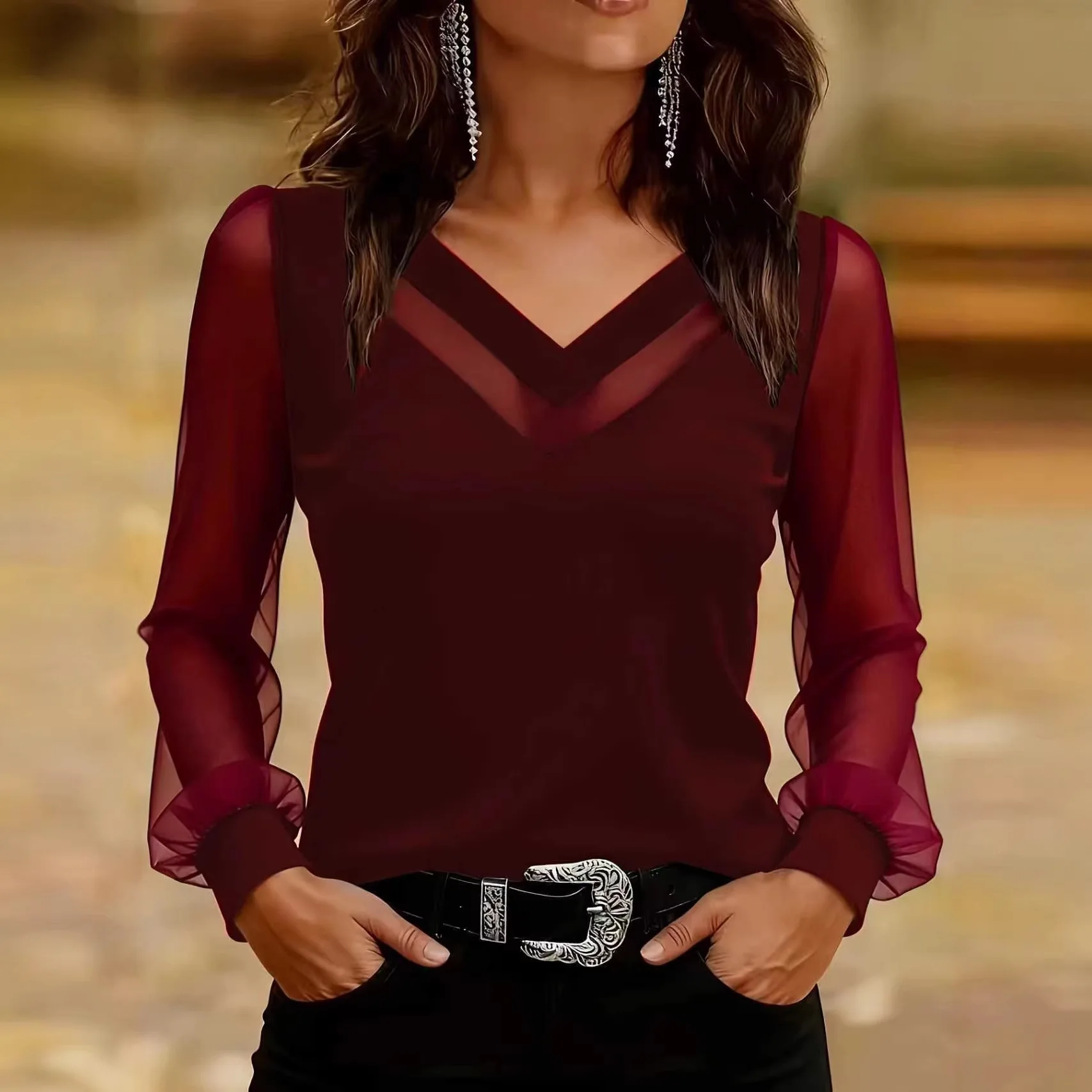 2026 Spring Summer Solid Mesh Long Sleeve Blouse Shirt Top Fashion Slim Lantern Sleeve Tops