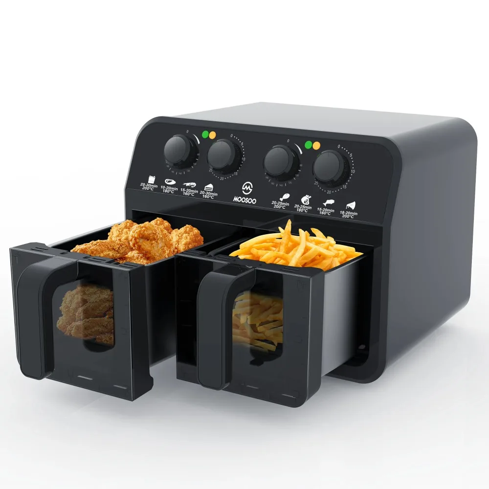 Dual Basket Air Fryer Oven, 6.4Qt Air Fryer, Black, New, Dishwasher Safe 2 Nonstick Basket,adjust temp and time