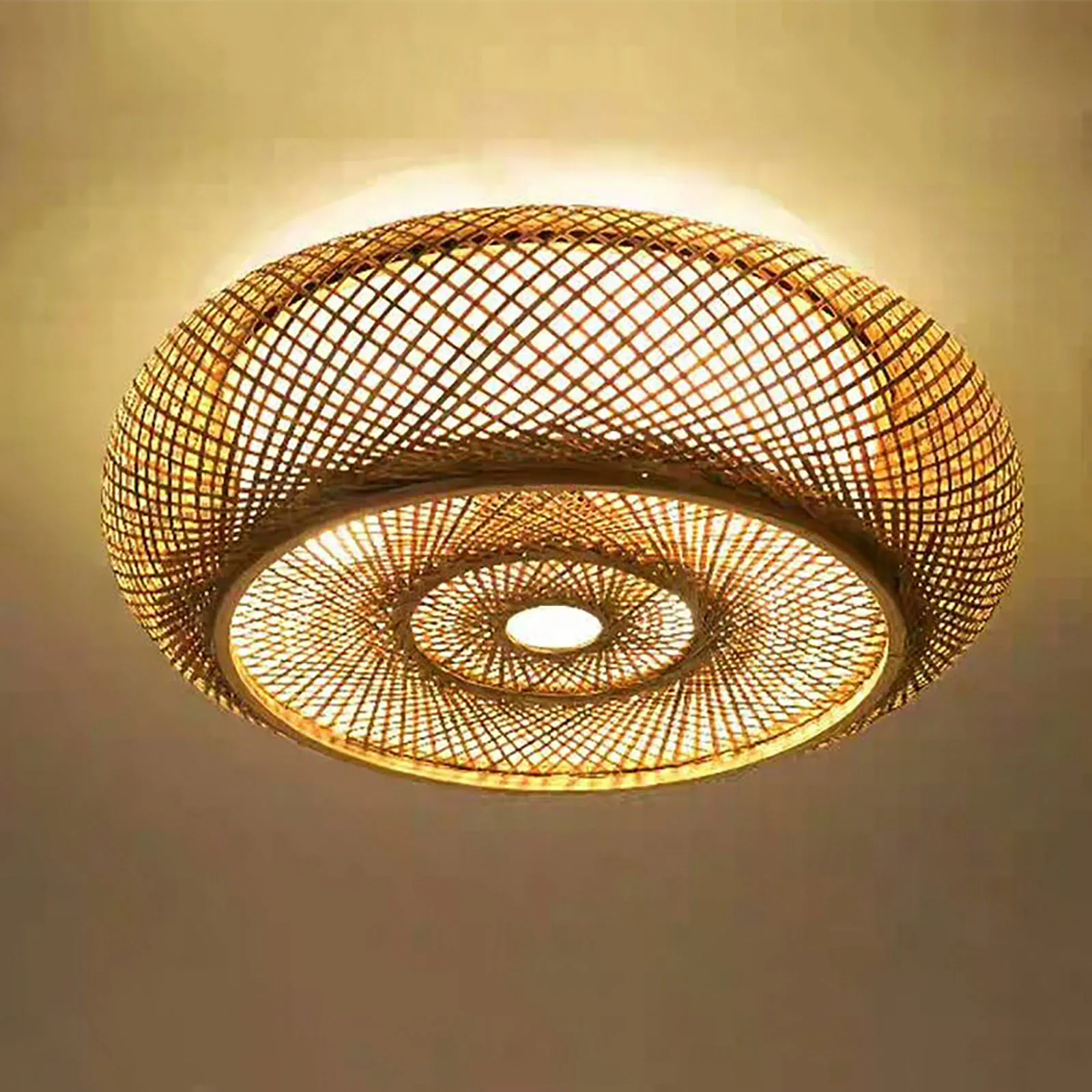 Yellow Hand-Woven Bamboo Ceiling Light, 3 Lights, Drum Shape, E26/E27 Bulb Base, Rustic Lodge Style,