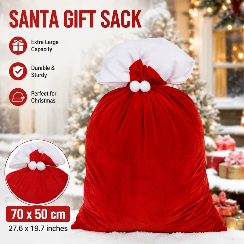 Large Red Velvet Christmas Bag with White Pompom , Fluffy Gift Storage Pouch for Presents, Festive Holiday Organizer Suitable