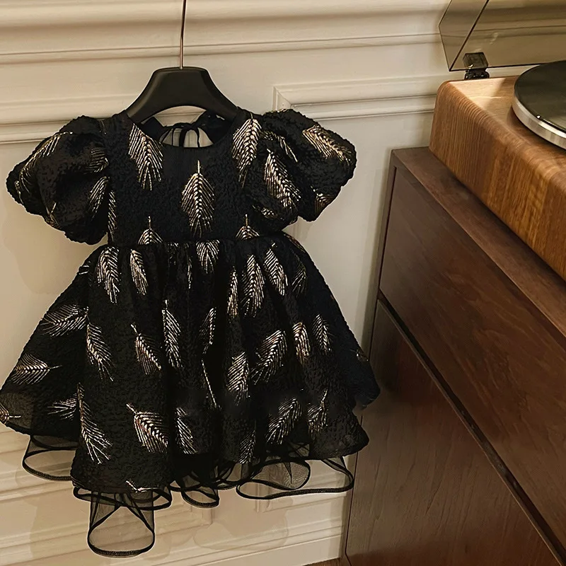 2025 Spring/Summer New High end Black Mesh Waist with Gold Leaf Pattern Bubble Sleeve Dress