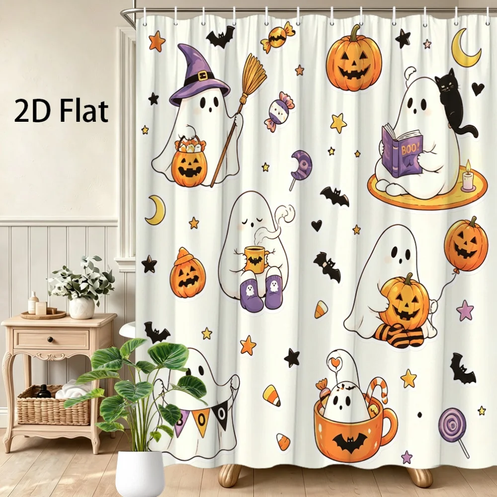 Cute Ghost Shower Curtain, Halloween Pumpkin & Witch Print Waterproof Bathroom Decor, Funny Kids Home Bath Screen