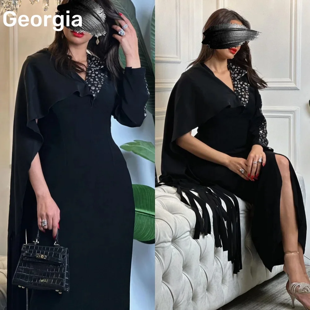 

Customized فساتين سهرة سعودية فخمة A-Line V-Neck Ankle-Length Beadings Zipper Up Chiffon Long Sleeves Lining Dresses For Prom