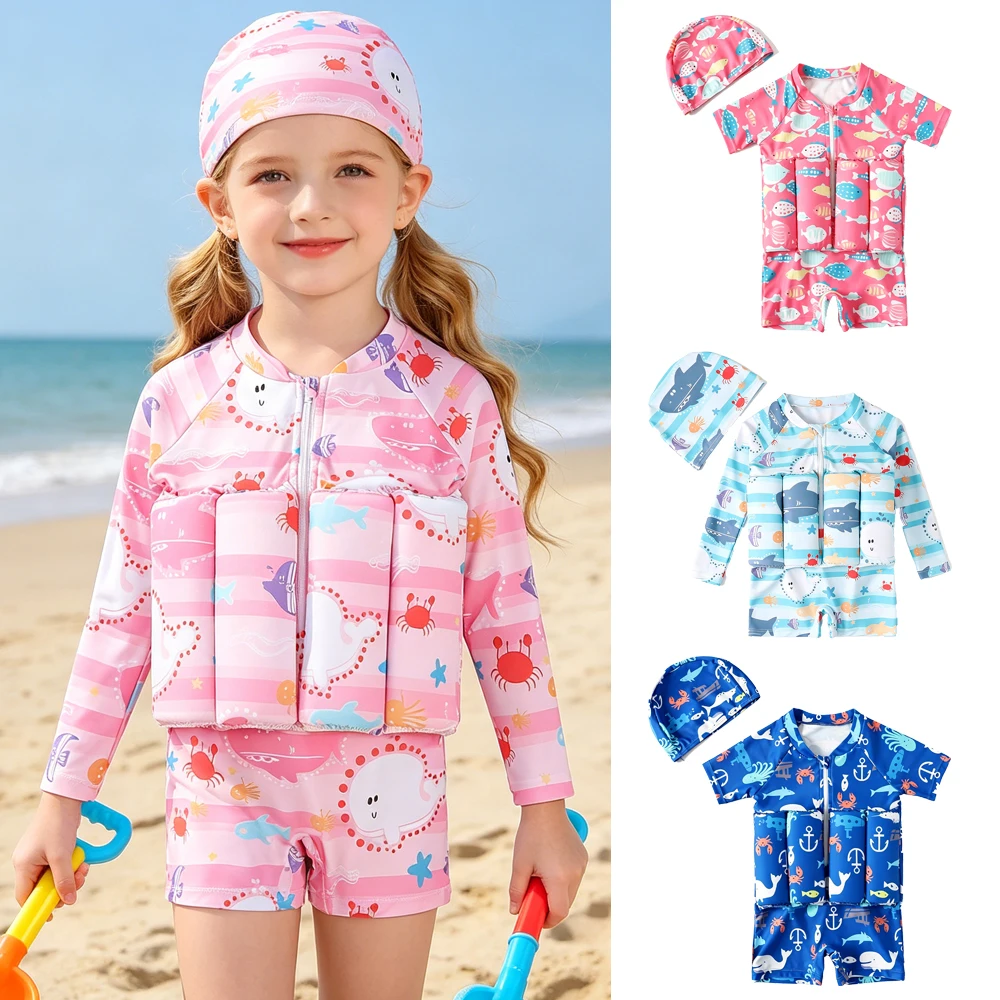 Children's Buoyancy Swimsuit Cartoon Print Swimwear Kid One-Piece Floating Rash Guards Bathing Clothes Boys Girls Swimming Suits