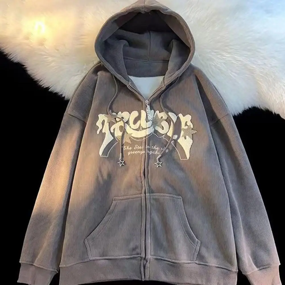 

Solid Color Pocket Hoodie Stylish Women's Fall Winter Hoodie with Embroidered Letter Detail Cozy Drawstring Hood Zipper for Cold